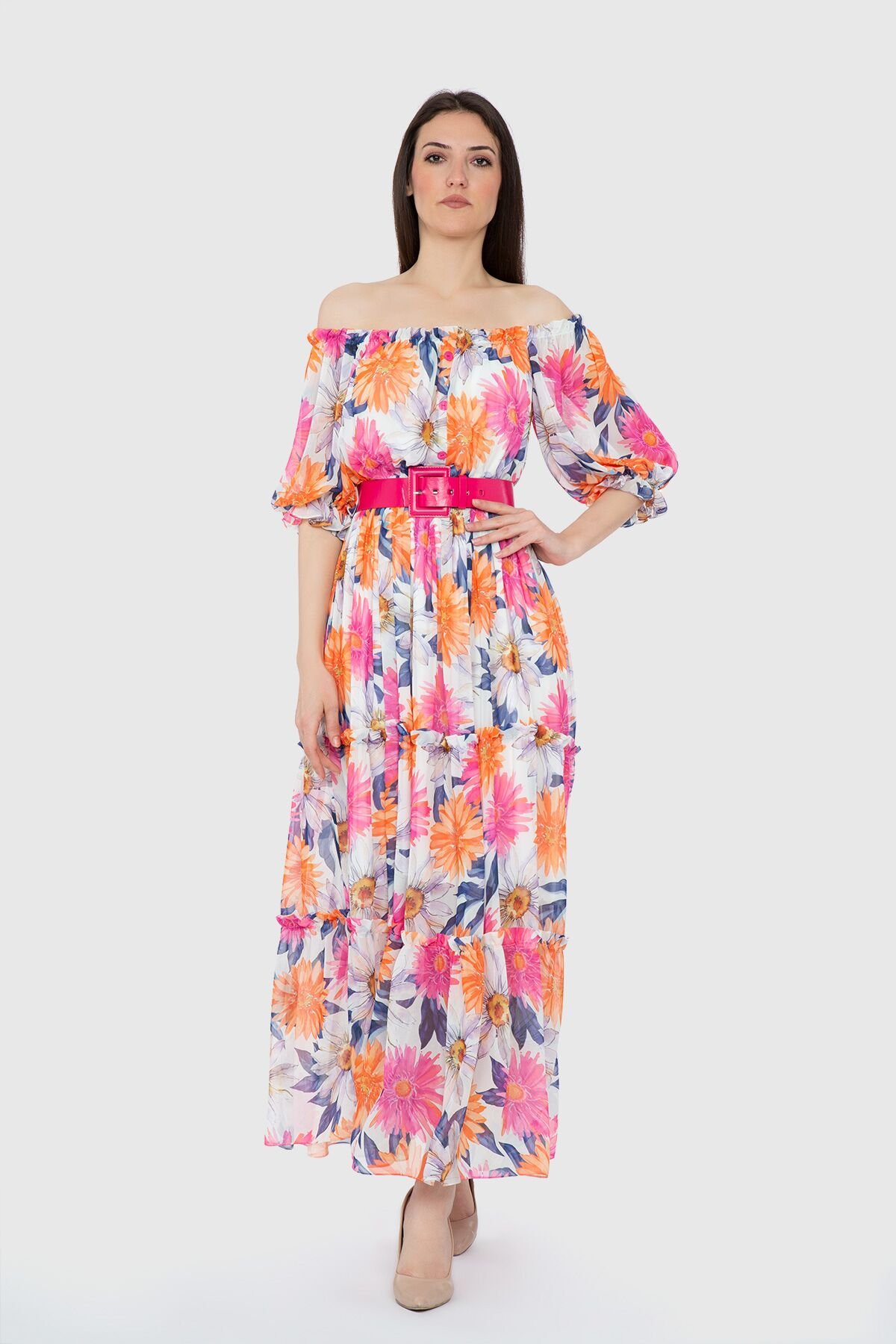  Floral Patterned Ecru Long Dress With Off Shoulder Belt