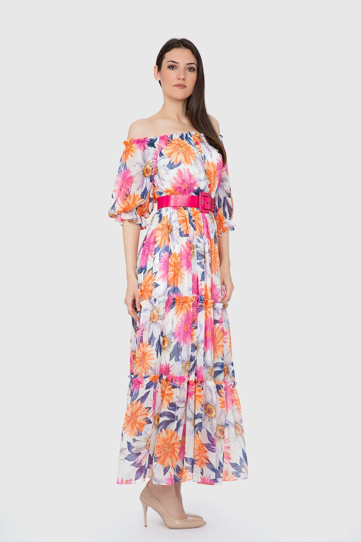  Floral Patterned Ecru Long Dress With Off Shoulder Belt