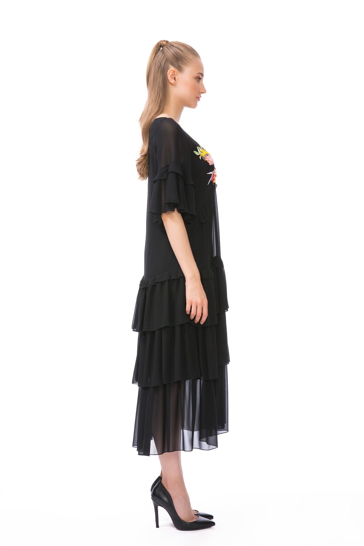 V Neck Ruffle Detailed Midi Black Dress