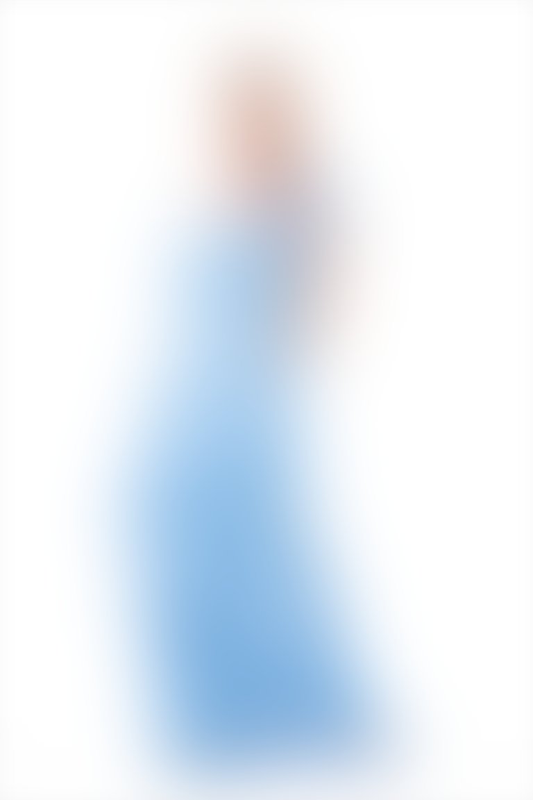 Kat Kat Fırfır Detaylı İşlemeli Uzun Mavi Abiye Elbise