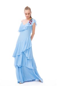 GIZIA - Layered Ruffle Detailed Embroidered Long Blue Dress
