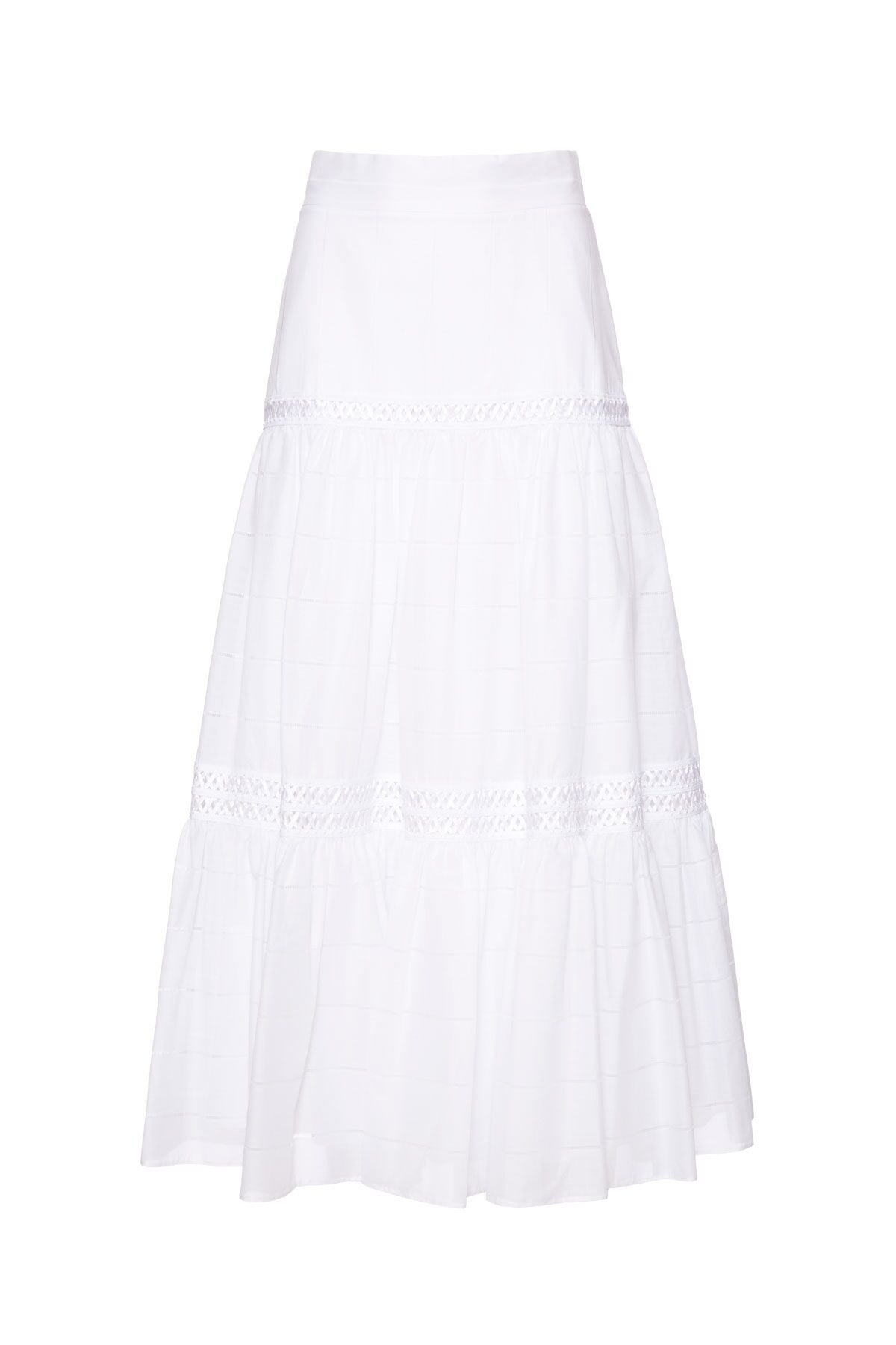 Ruffle And Stripe Detailed White Midi Voile Skirt