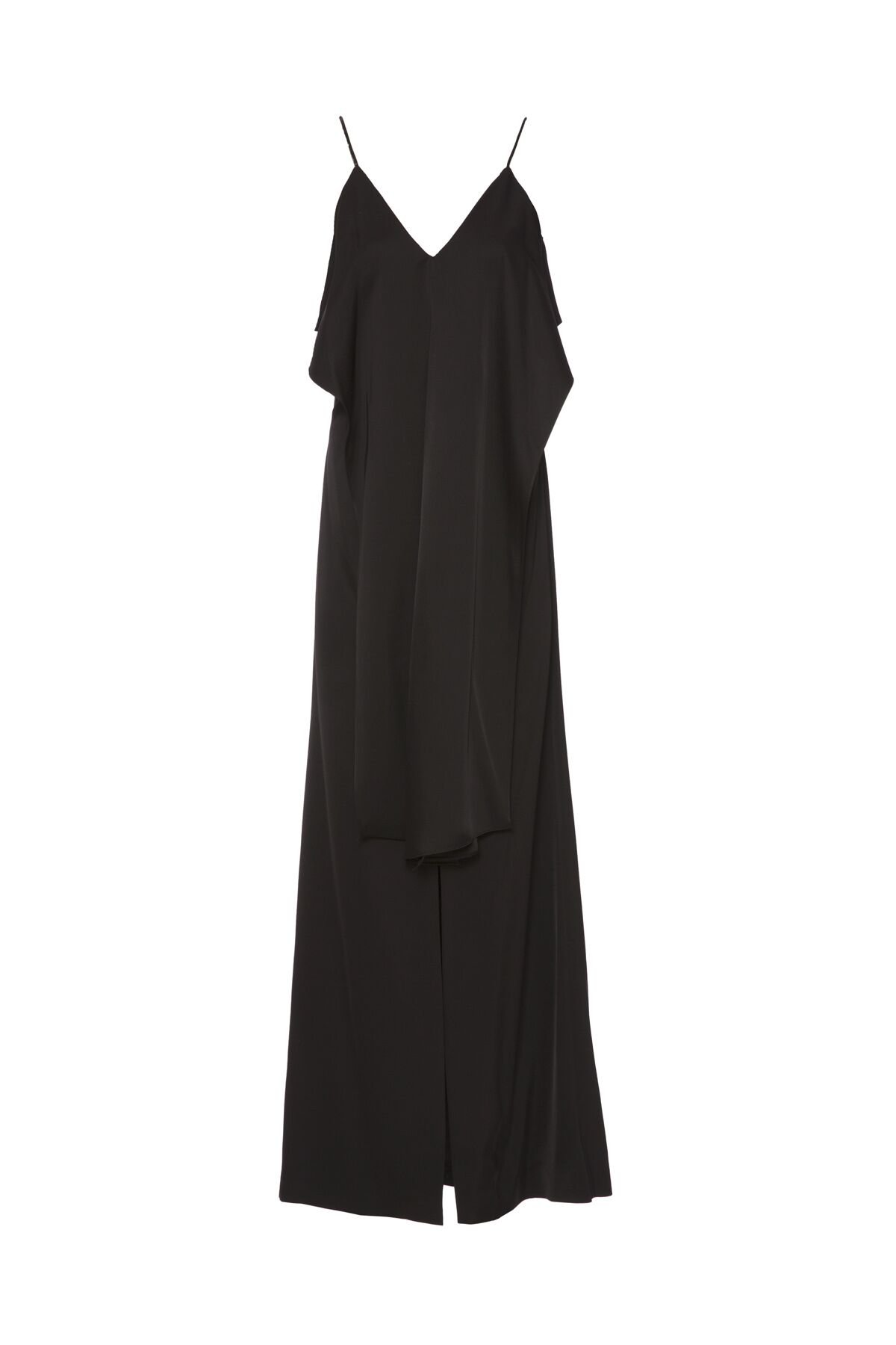 Yırtmaç Detaylı Mat Saten Askılı Siyah Abiye Elbise