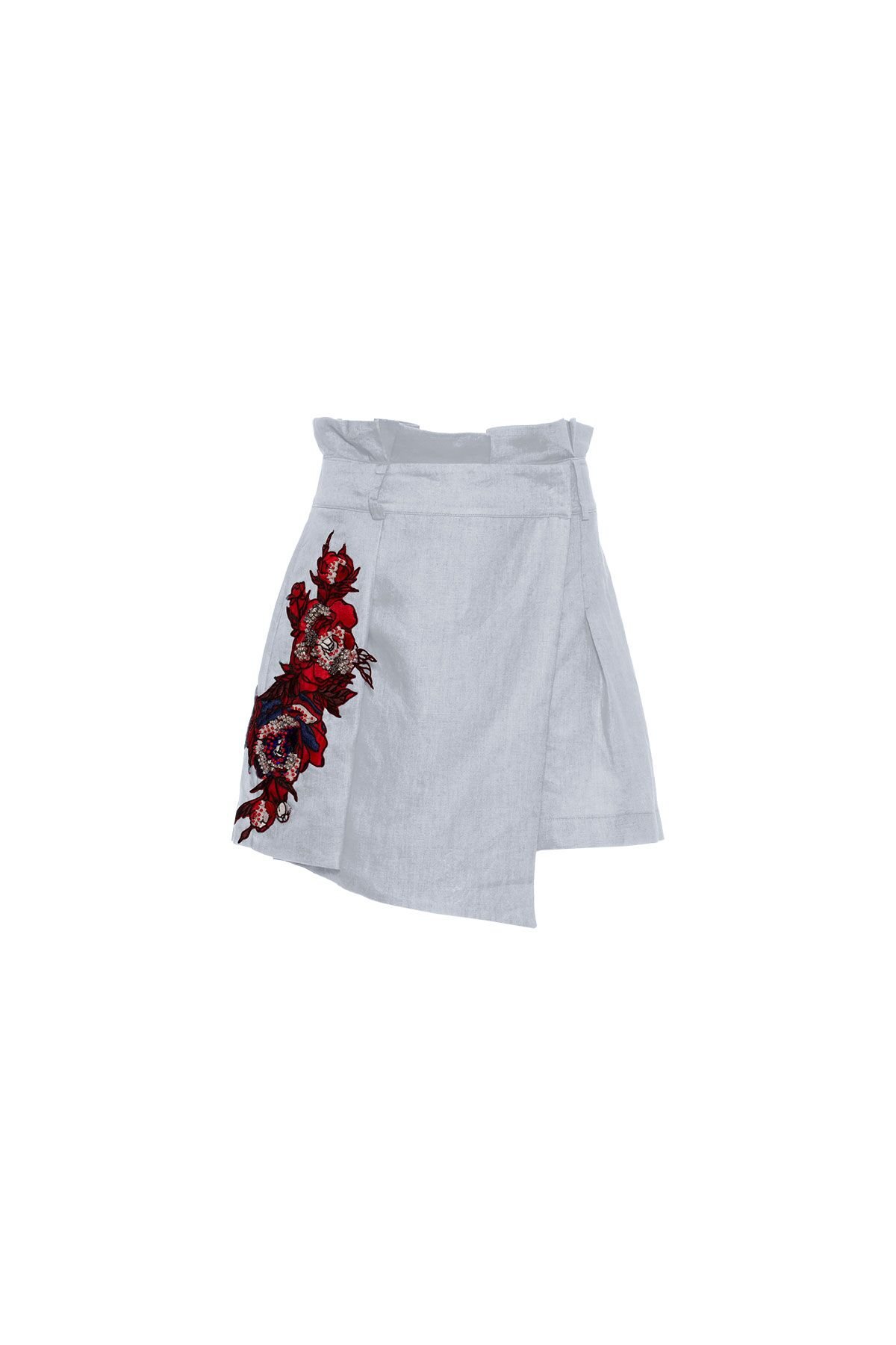 Embroidery Detailed Baby Blue Linen Short Skirt