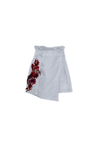 GIZIA - Embroidery Detailed Baby Blue Linen Short Skirt