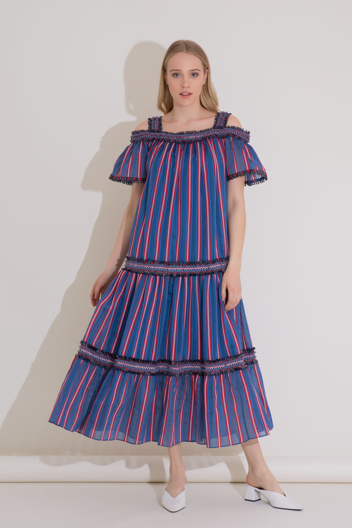 Embroidered Stripe Detailed Transparent Striped Ankle-Length Blue Dress