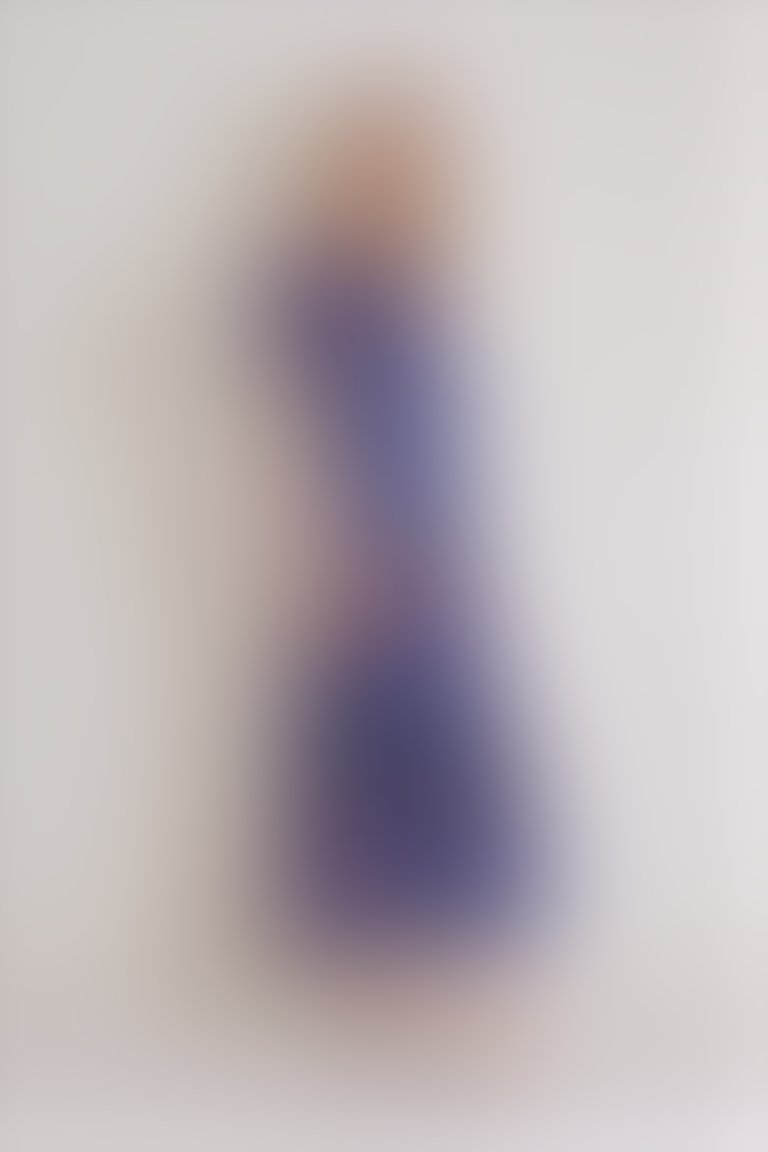 İşleme Şerit Detaylı Şeffaf Çizgili Bilek Boy Mavi Elbise