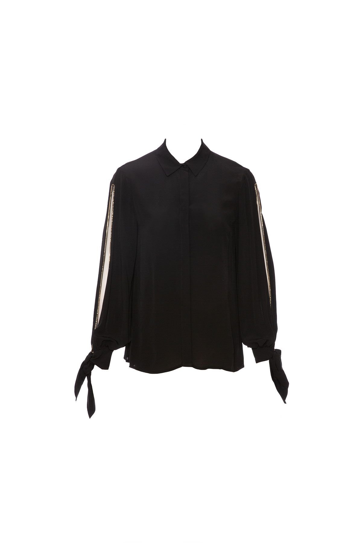 Embroidered Detailed Tied Sleeves Viscose Black Shirt
