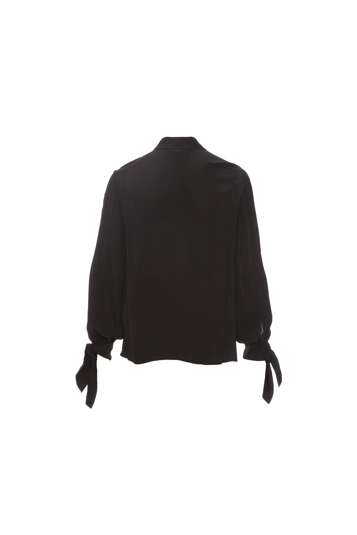 Embroidered Detailed Tied Sleeves Viscose Black Shirt