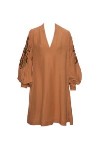 GIZIA - Nakış Detaylı Büzgülü Kollu Viskon Keten Tunik Kahverengi Elbise