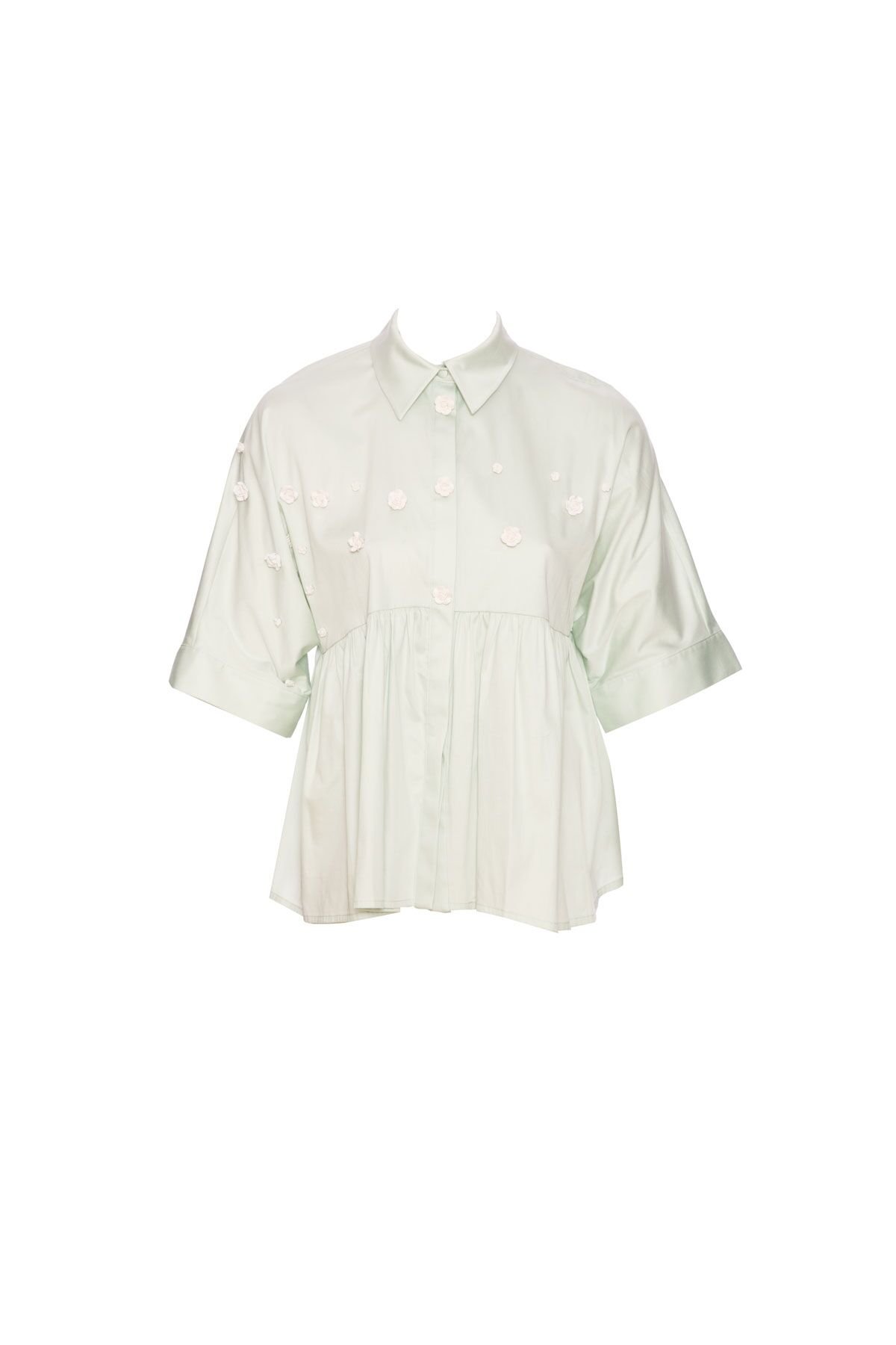 Embroidered Detailed Short Sleeve Green Poplin Shirt