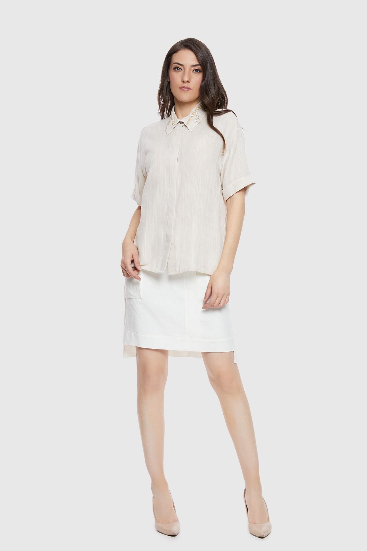 Chain Embroidery Detailed Short Sleeve Beige Shirt