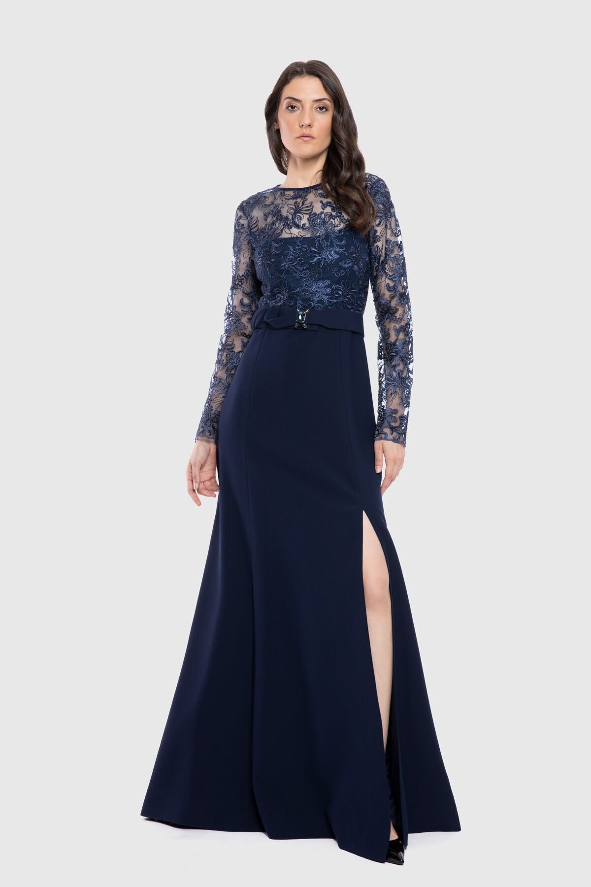 With Lace Detailed Slit Top Long Navy Blue Dress