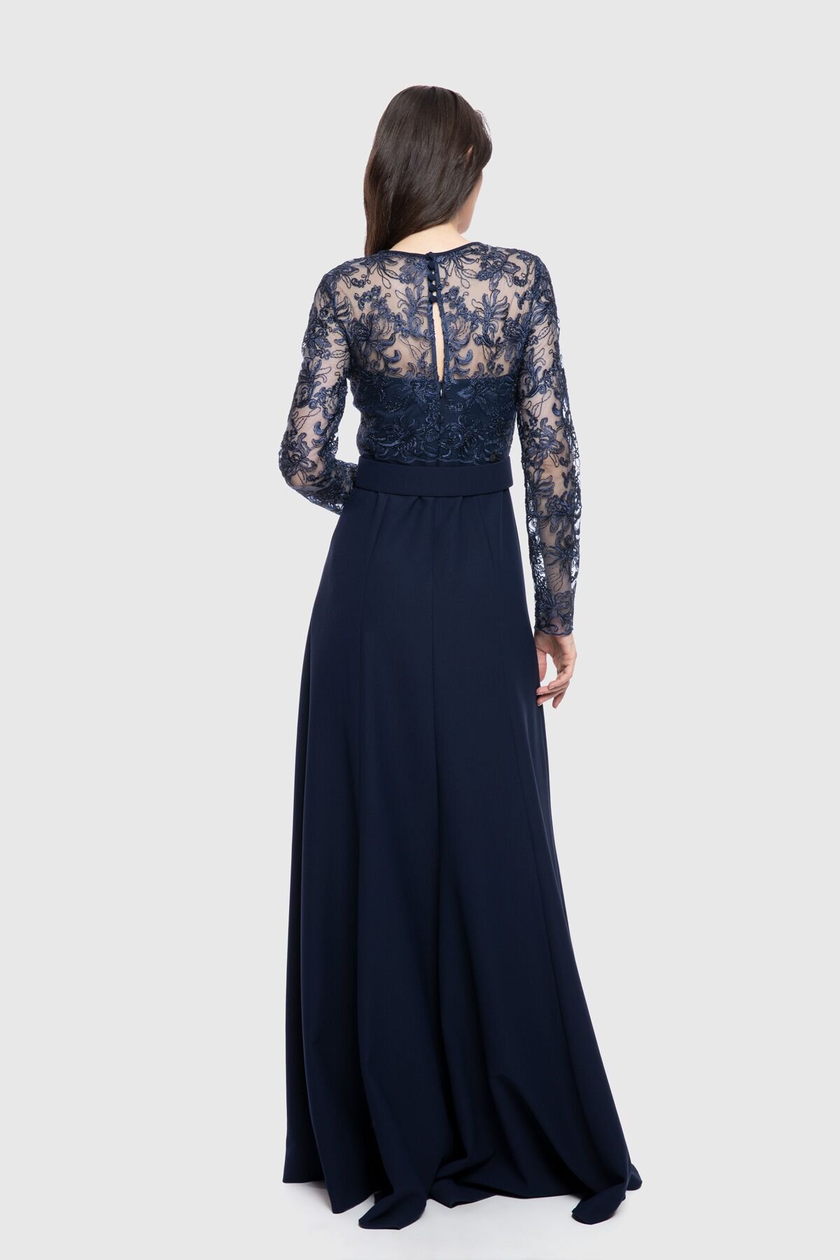 With Lace Detailed Slit Top Long Navy Blue Dress
