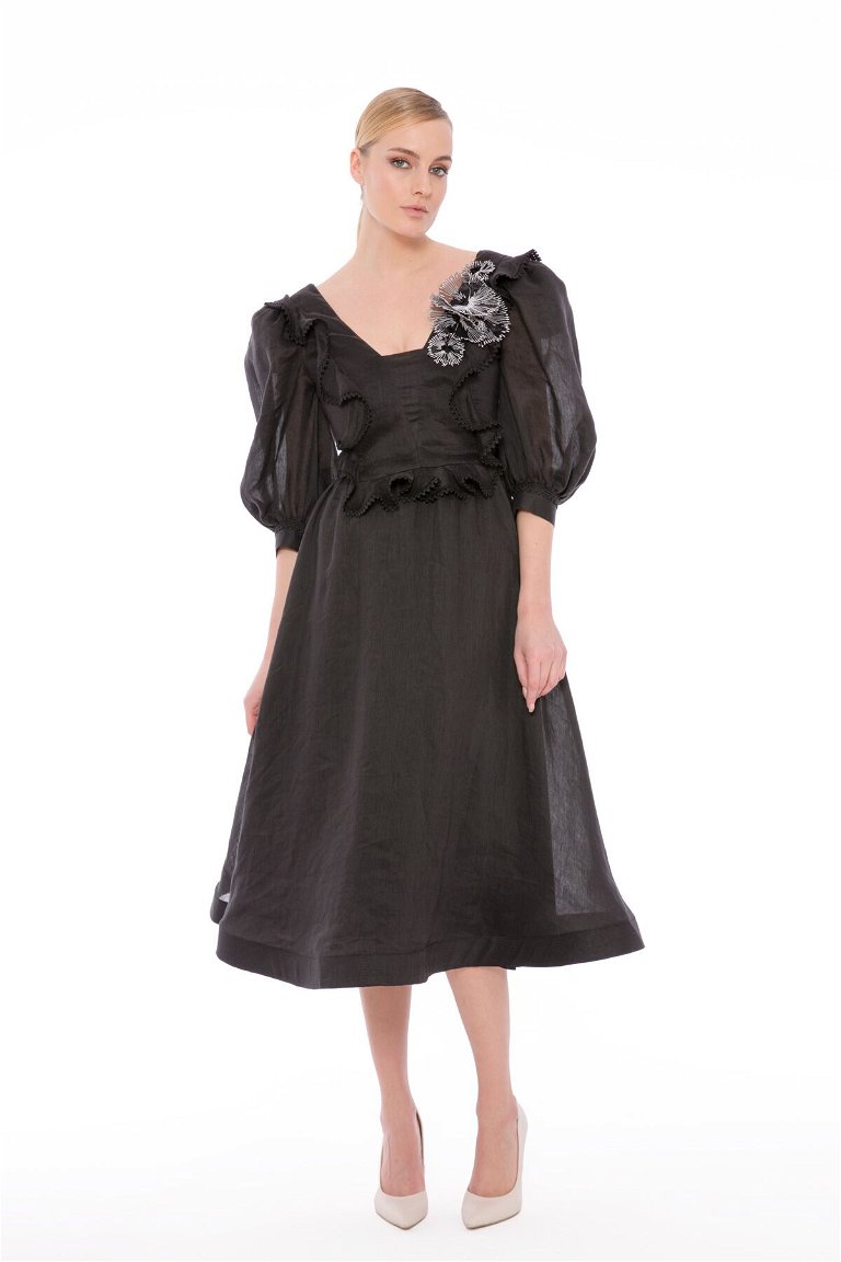  GIZIA - Floral and Stripe Detailed Midi Length Black Dress