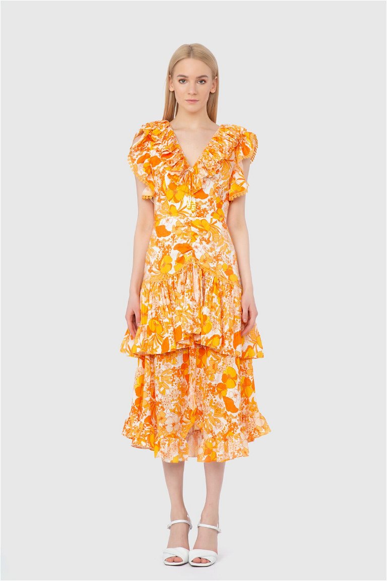  GIZIA - Floral Patterned V-Neck Yellow Dress