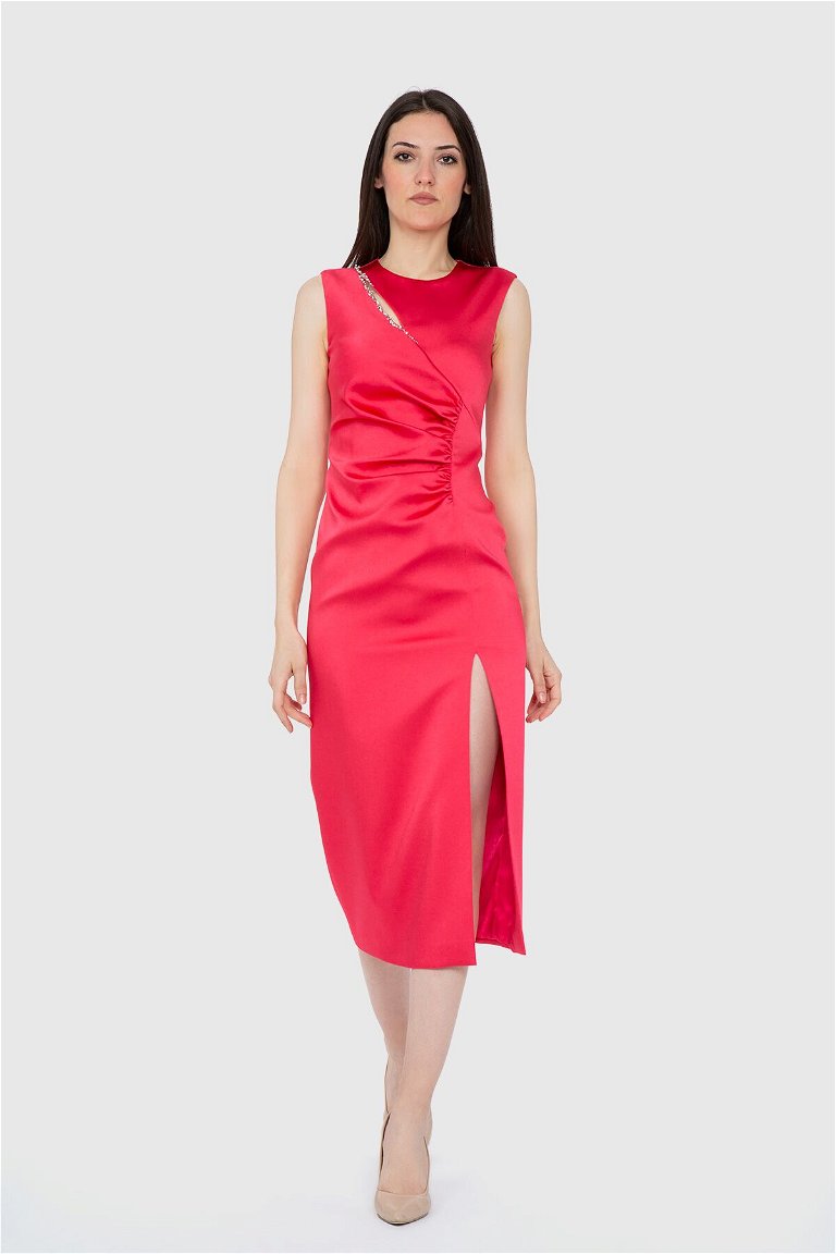 KIWE - Pleat Detailed Slit Pink Midi Dress
