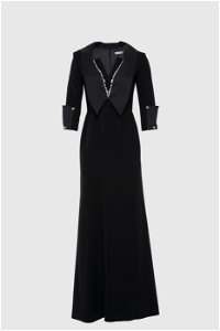 GIZIA - Yaka Ve Kol Detaylı Yakası İşlemeli Şık Siyah Abiye Elbise