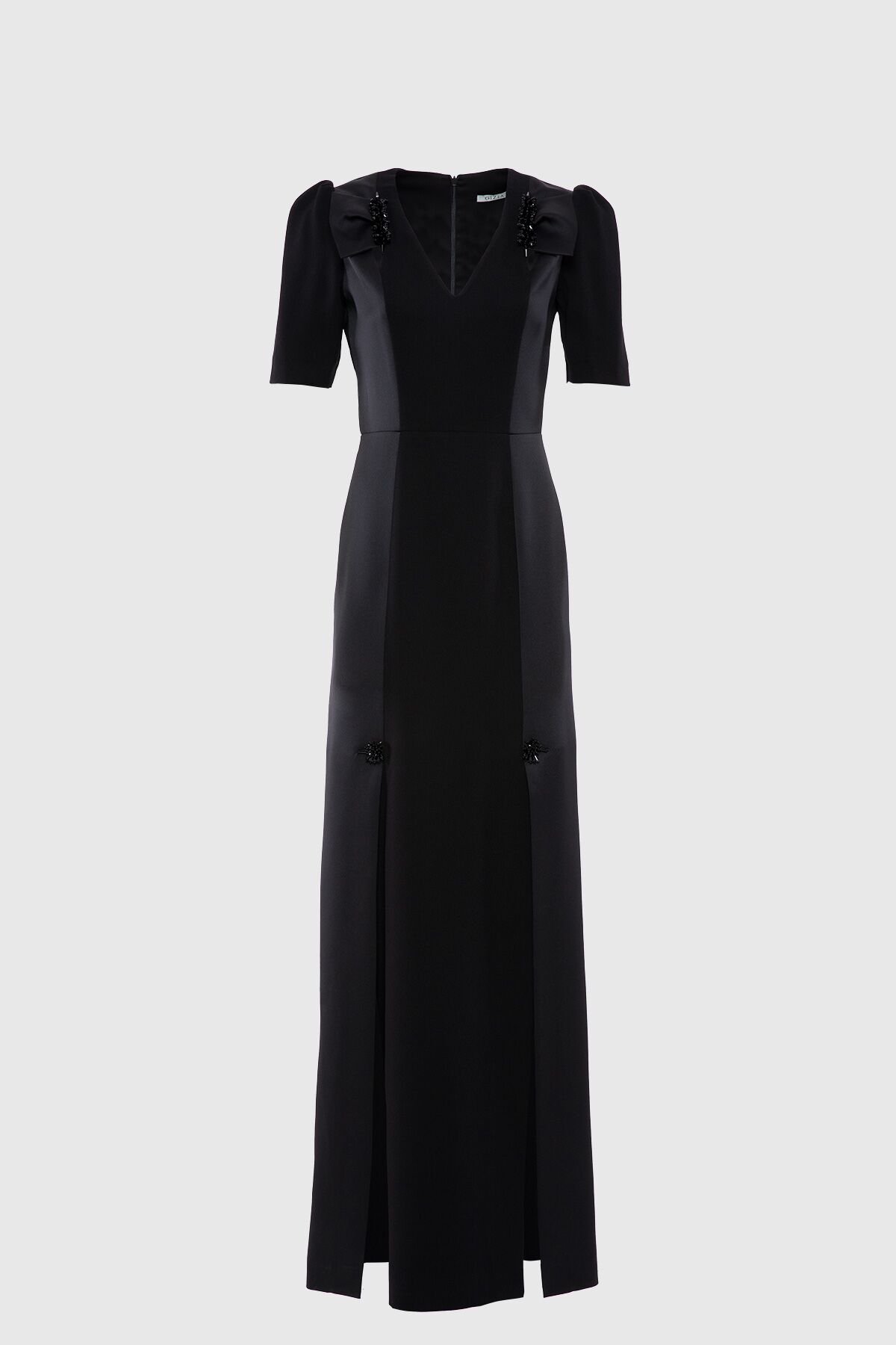 Front Double Slit Embroidered Detailed Black Evening Dress