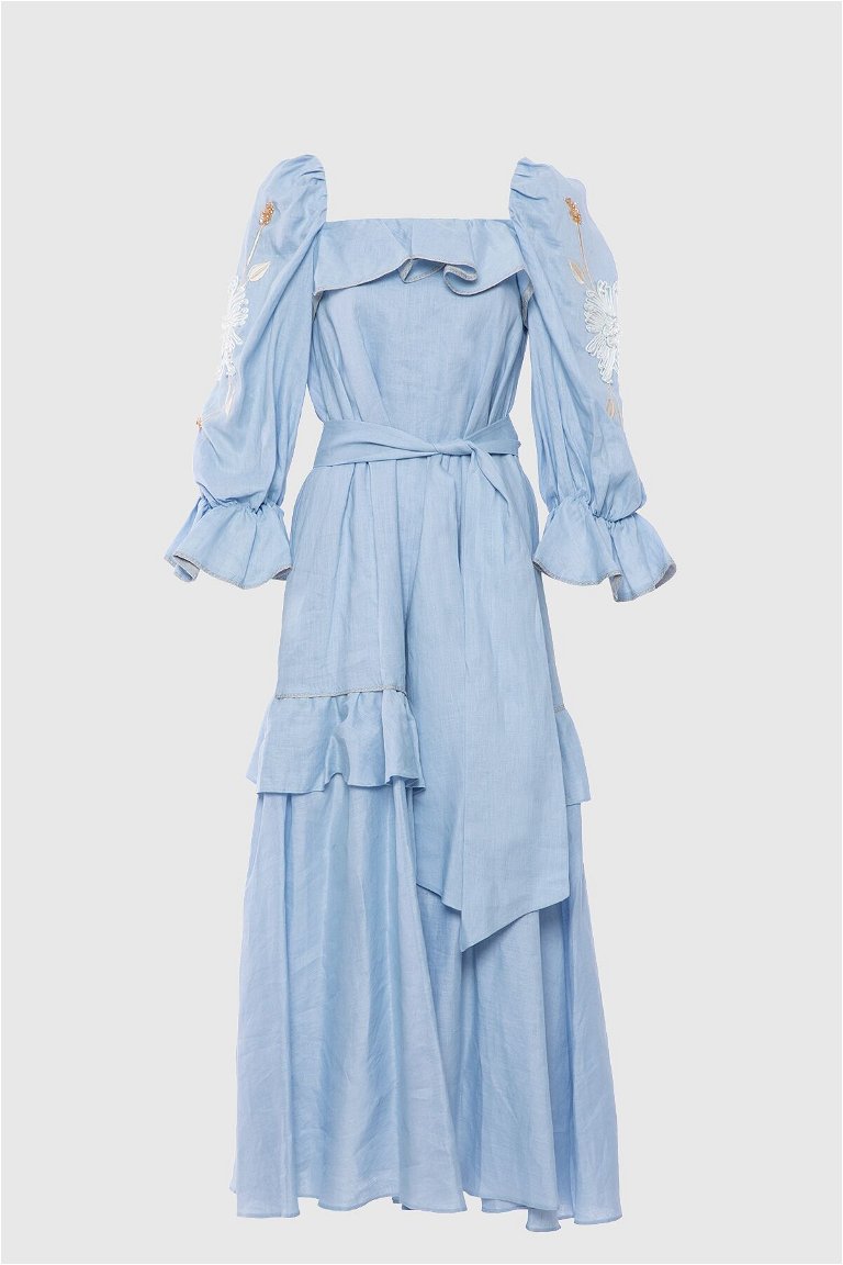  GIZIA - With Embroidery Embroidery Detailed Ruffles Long Blue Dress