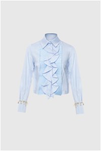 GIZIA - Collar Brooch Sleeve Detailed Pleated Ruffled Blue Shirt