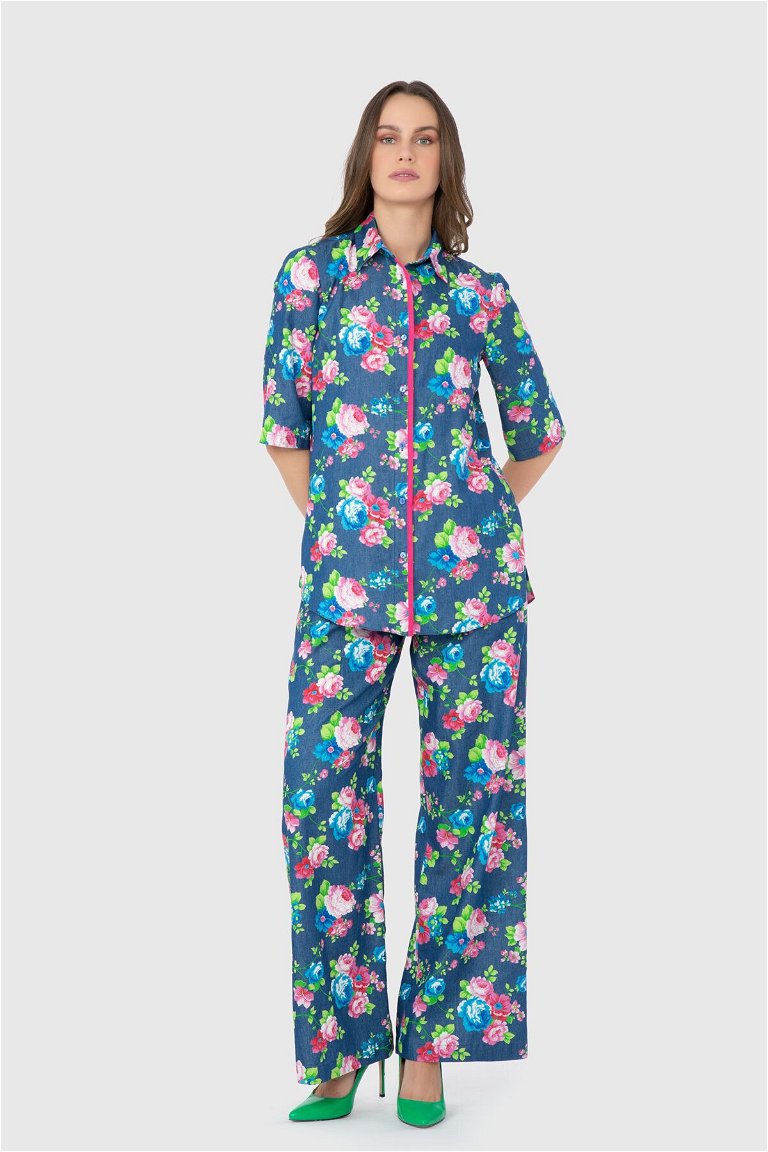 KI-WE - İkili Çiçek Desenli Pantolon ve Bluz Takım