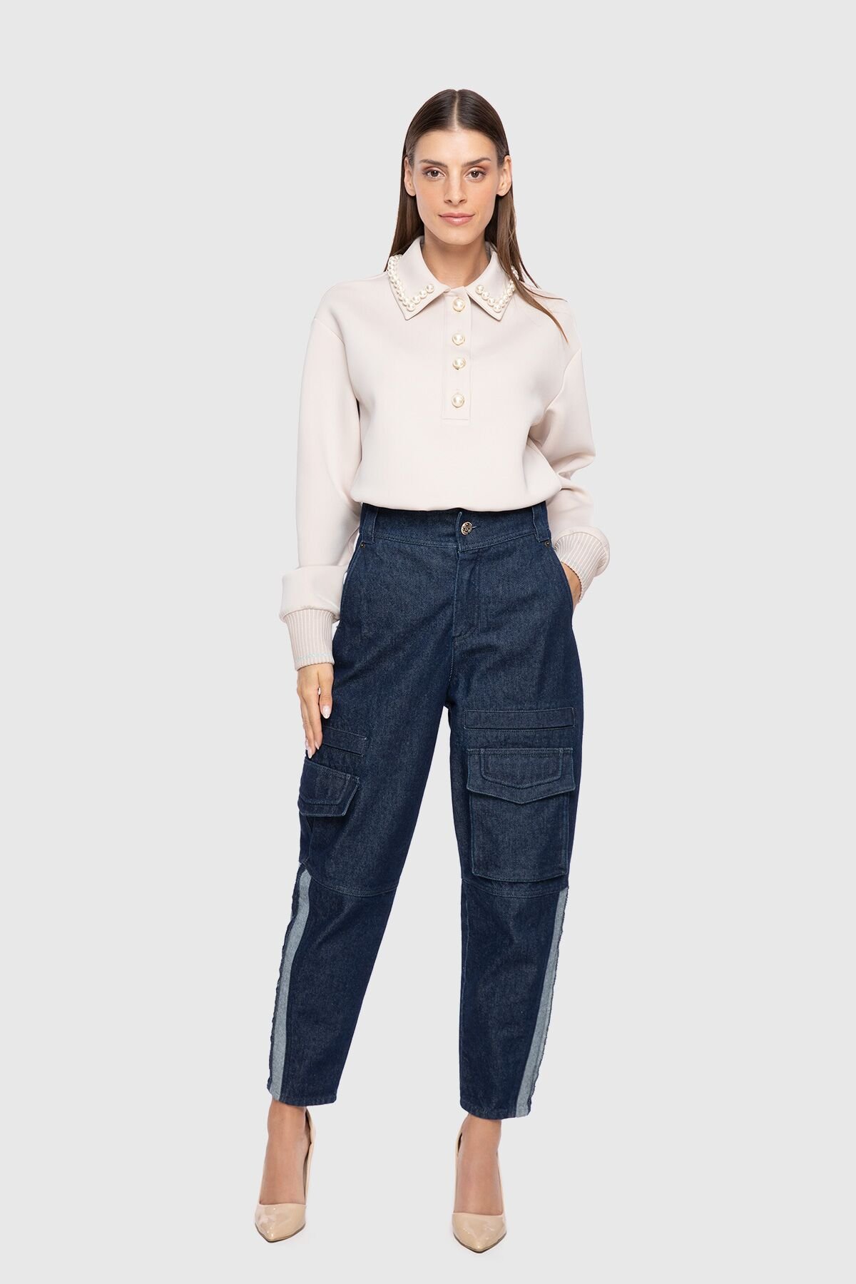 Kontrast Detaylı Yüksek Bel Kargo Mavi Jean Pantolon