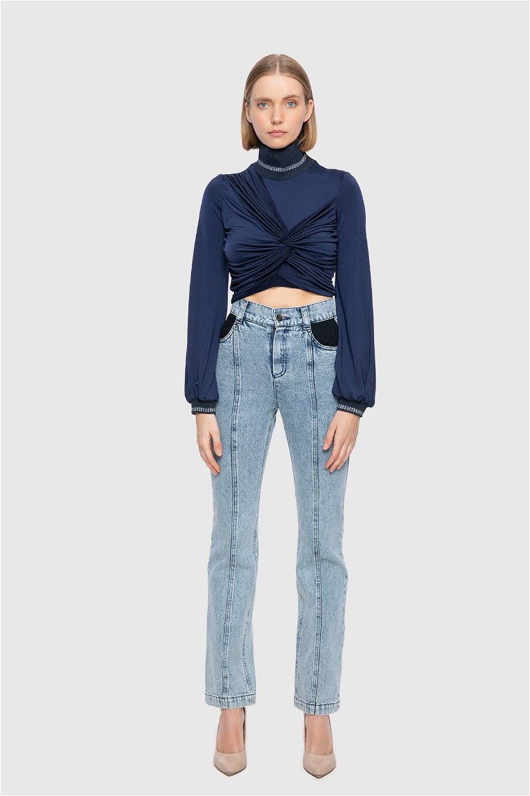 GIZIA - Neck And Sleeves Knitwear Ruffle Detailed Navy Blue Jersey Crop Top