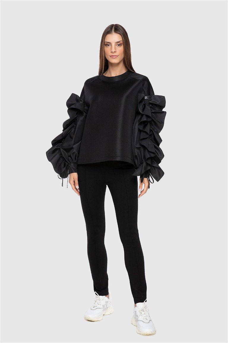 GIZIA SPORT - Volanlı Kontrast Garnili İşlemeli Siyah Sweatshirt