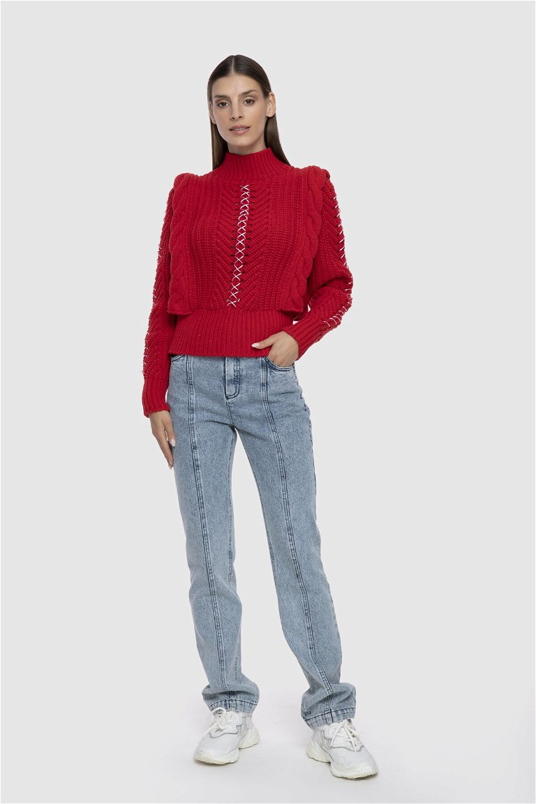 GIZIA - Contrast Stitch Detail Thick Knitted Red Knitwear Sweater