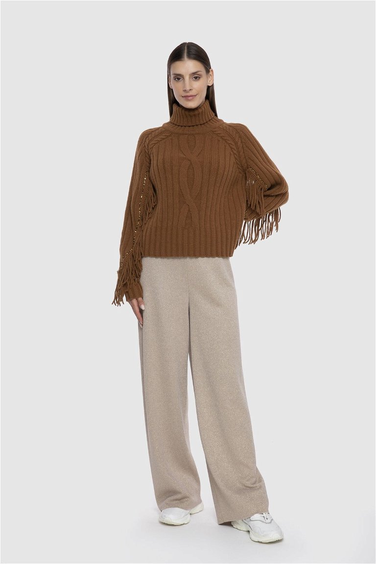 GIZIA - Tassel And Embroidery Detailed Trace Braided Turtleneck Brown Knitwear Sweater