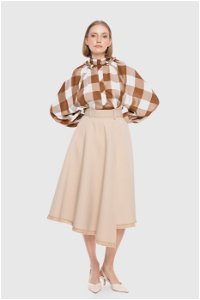 GIZIA - With Stripe High Waist Asymmetric Cut Beige Skirt