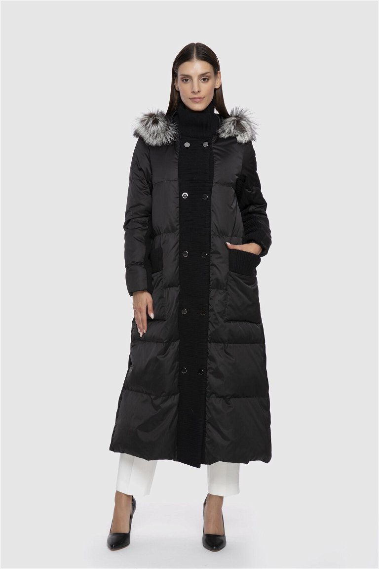 GIZIA - Knitwear And Fur Detailed Hooded Black Long Inflatable Coat