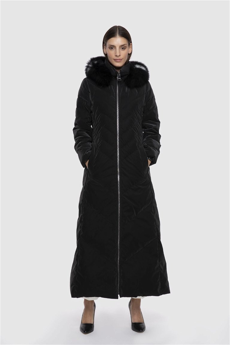 GIZIA - Contrast Fur Detail Hooded Long Black Inflatable Coat