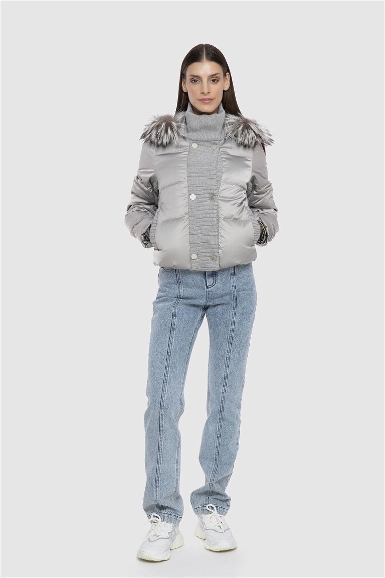 GIZIA - Knitwear And Fur Detailed Gray Inflatable Coat