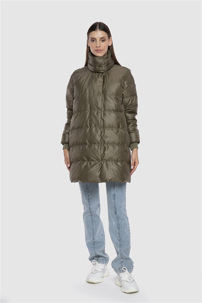 GIZIA - Off Shoulder Stand Up Collar Quilted Goose Down Green Down Jacket