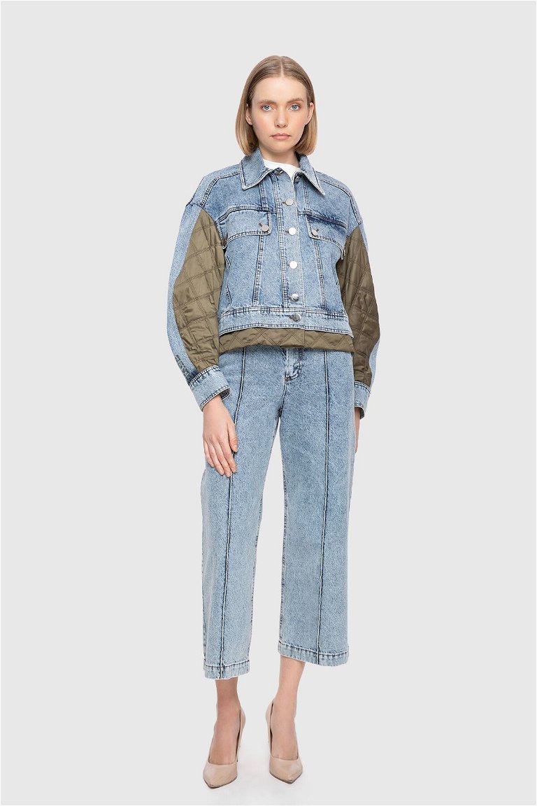  GIZIA - Jean Jacket With Raincoat Fabric Garnish And Embroidered Back