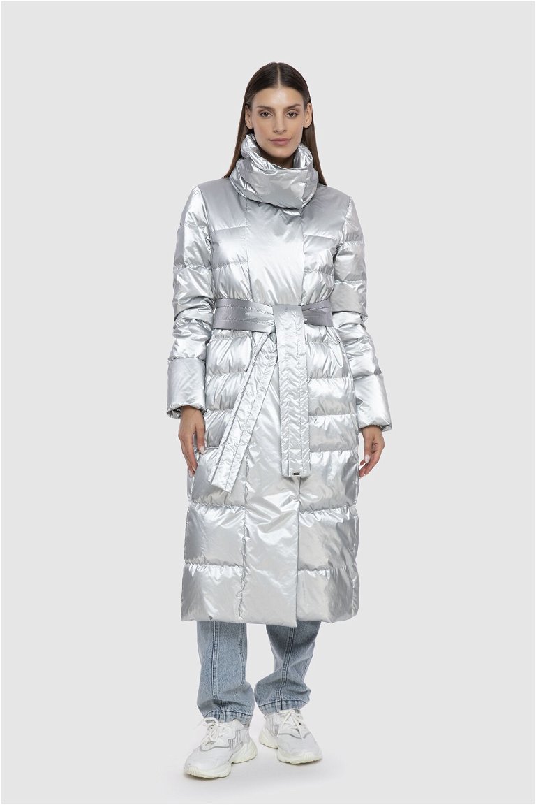 GIZIA - Grey Inflatable Coat With Stand-Up Collar Belt