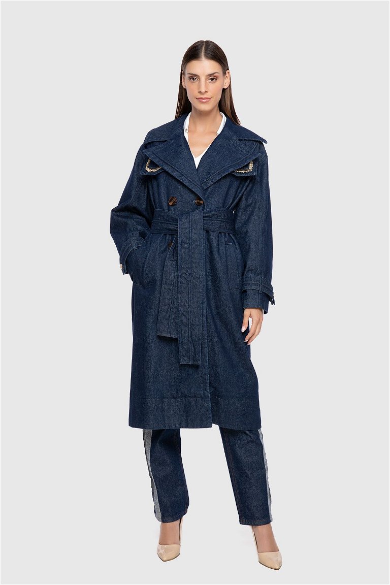 GIZIA - Beaded Embroidered Roving Stitched Jean Trenchcoat