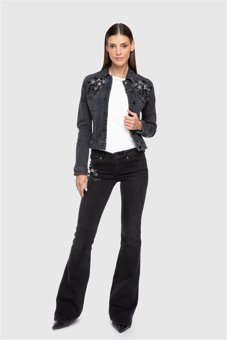 GIZIA - Boncuk İşleme Detaylı Siyah Jean Ceket
