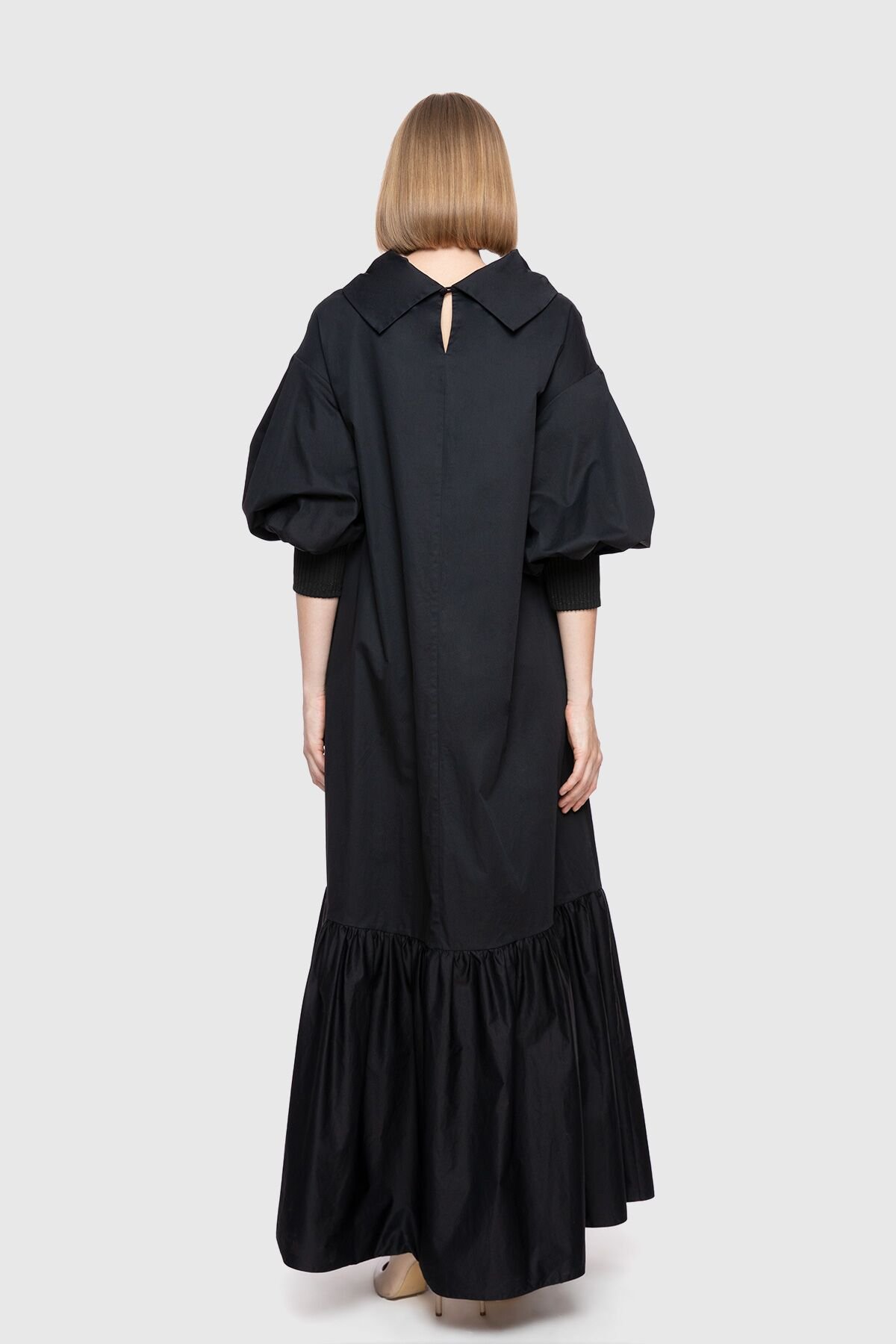 Aplike Nakış İşlemeli Uzun Siyah Poplin Elbise