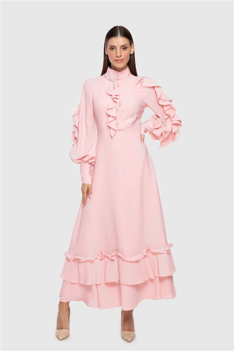 GIZIA - Volan Ve İşleme Detaylı Dik Yaka Pembe Krep Elbise
