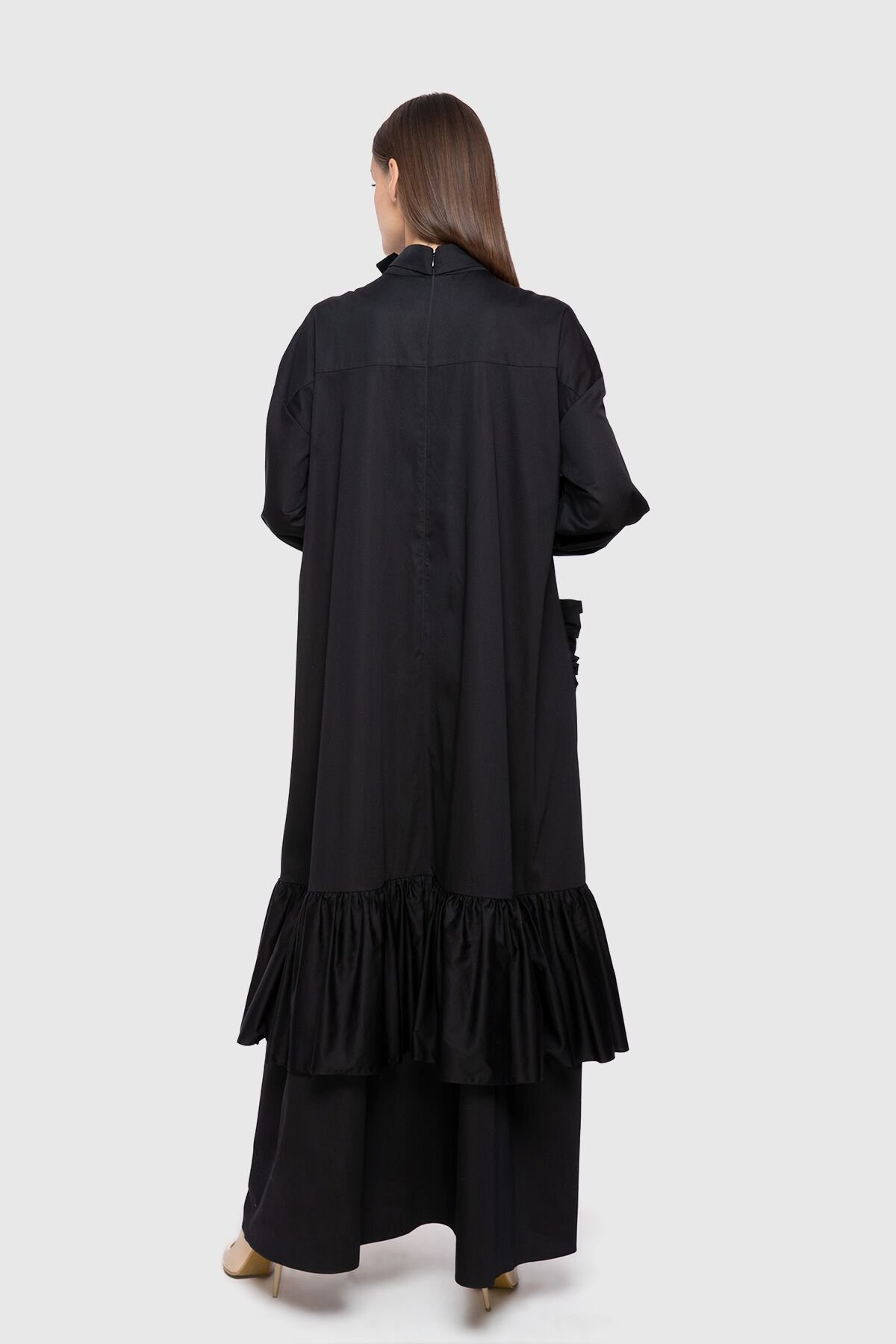 İşleme Detaylı Etek Kısmı Kat Kat Uzun Siyah Poplin Elbise