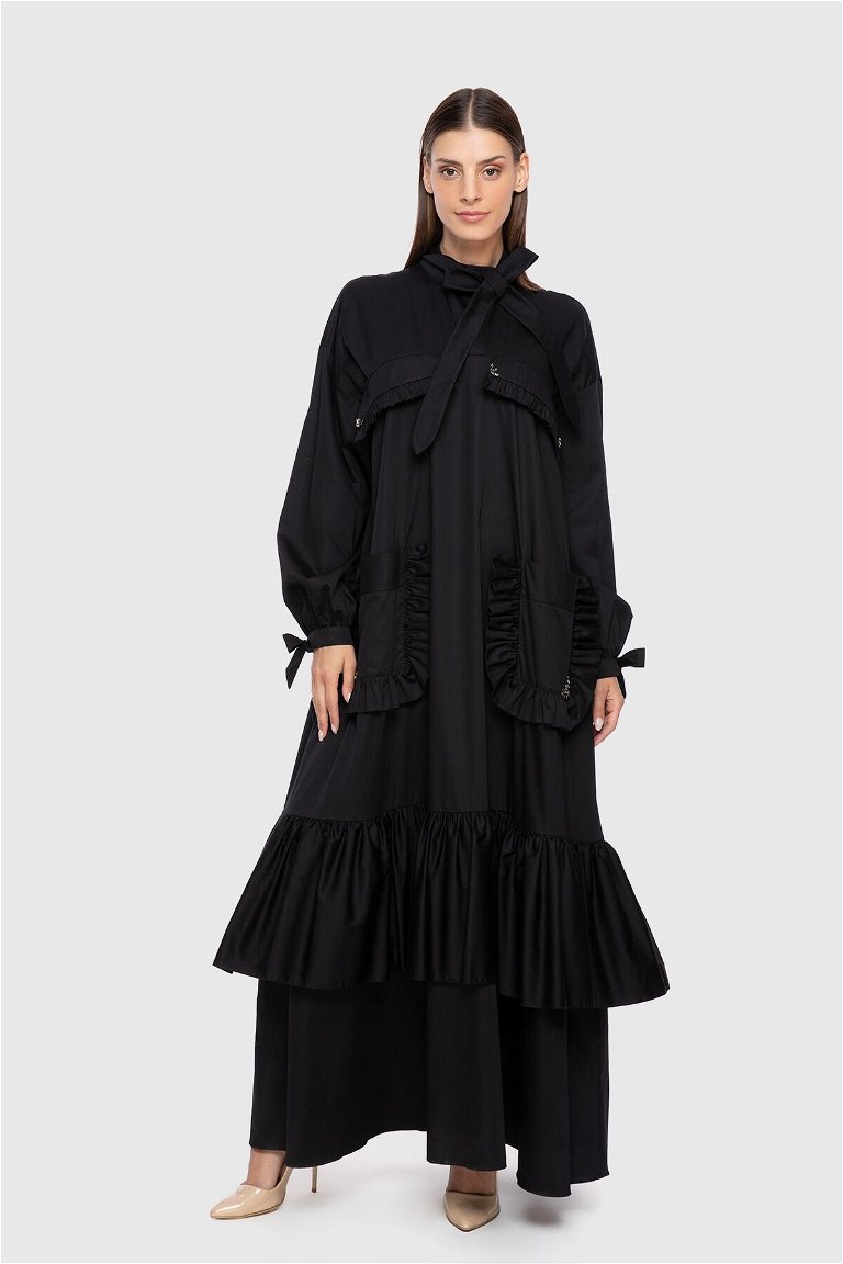 GIZIA - Embroidered Detailed Skirt Tiered Long Black Poplin Dress