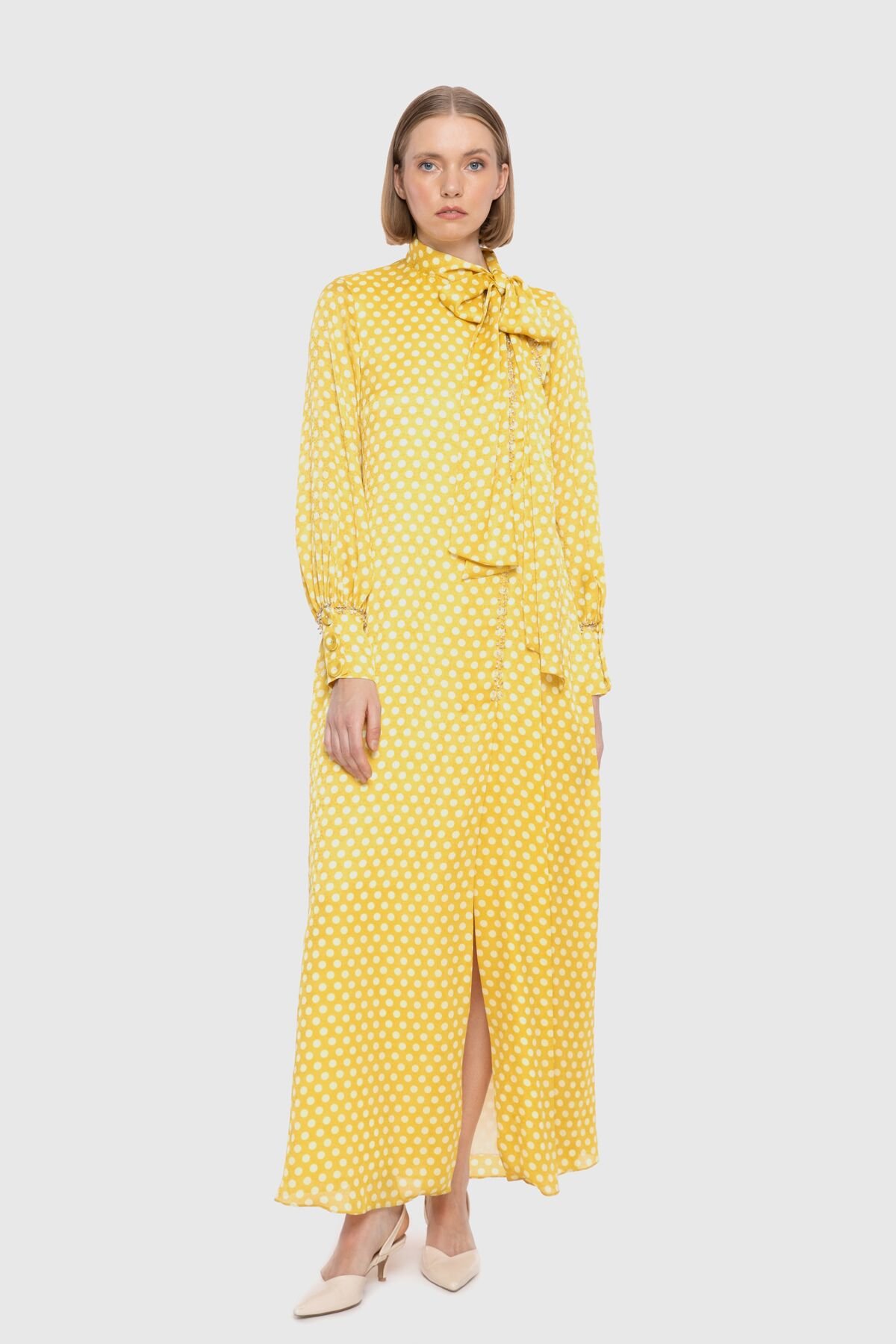 Puantiye Desenli Uzun A Form Sarı Elbise
