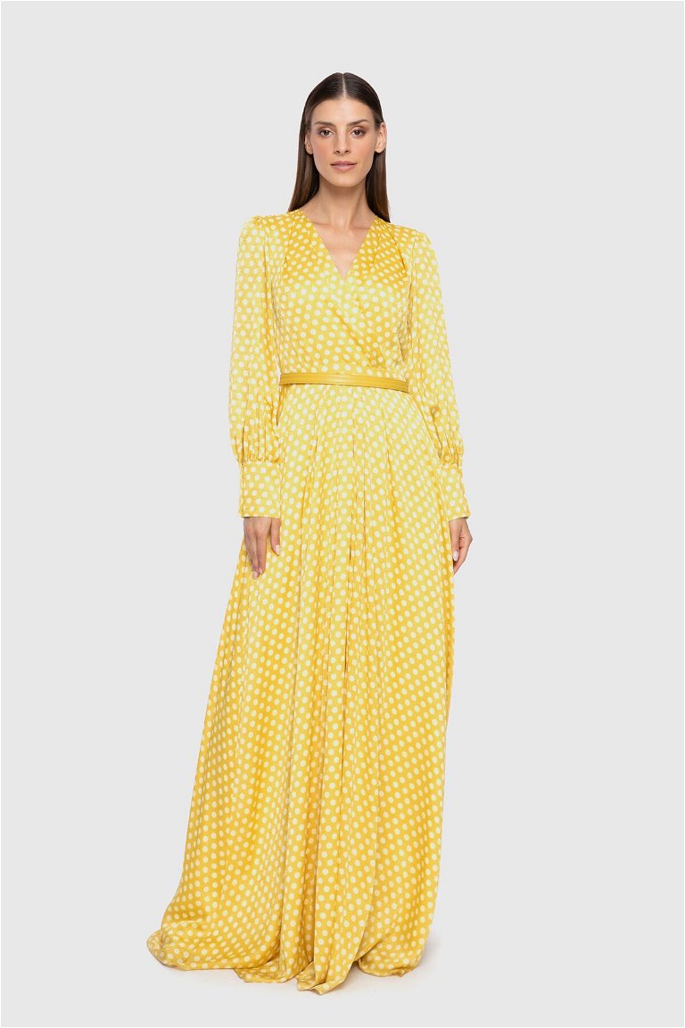  GIZIA - Kruvaze Yaka Puantiye Desenli Uzun Sarı Elbise
