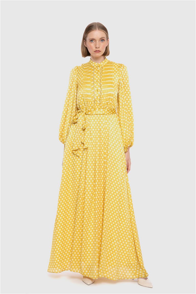 GIZIA - Önü Pilise Detaylı Uzun Puantiye Desenli Sarı Elbise