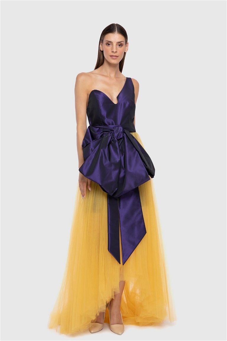 GIZIA - فستان سهرة بنفسجي طويل مزين بالتول الأصفر