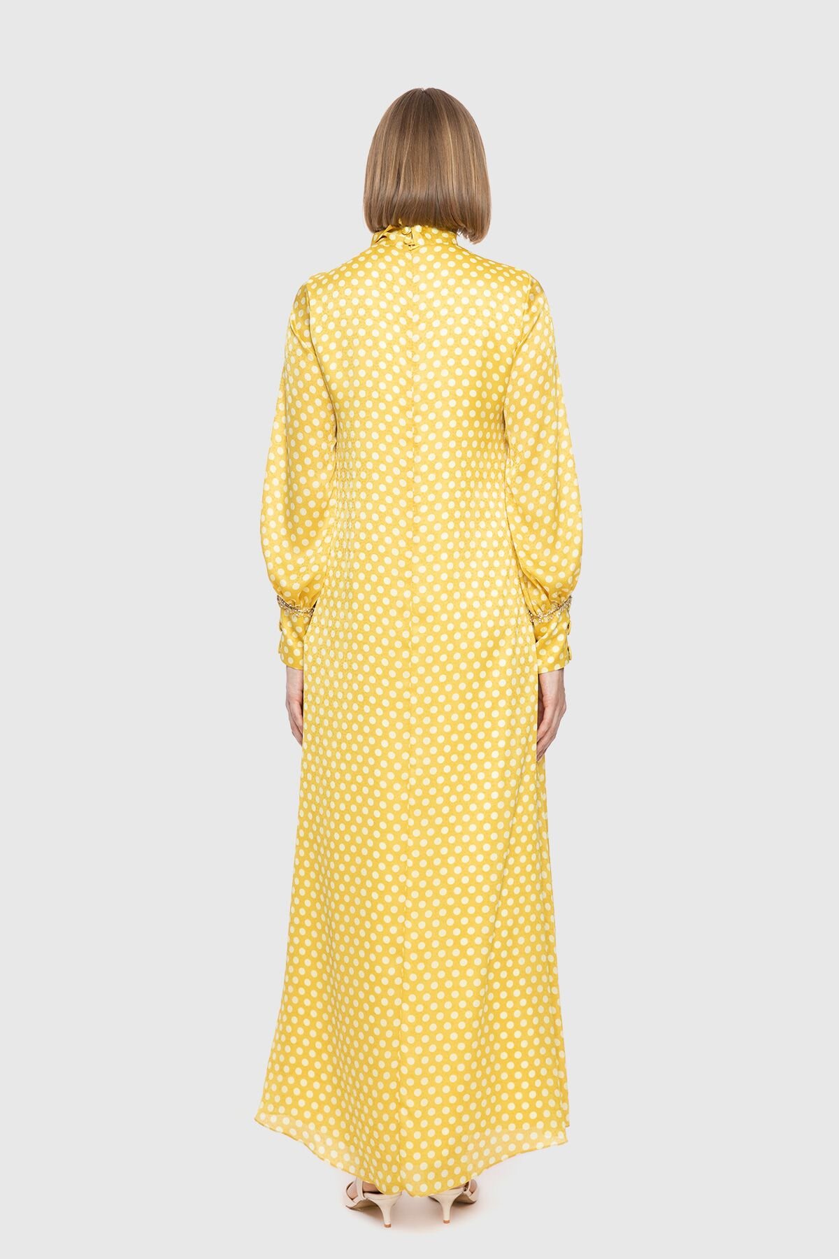Puantiye Desenli Uzun A Form Sarı Elbise