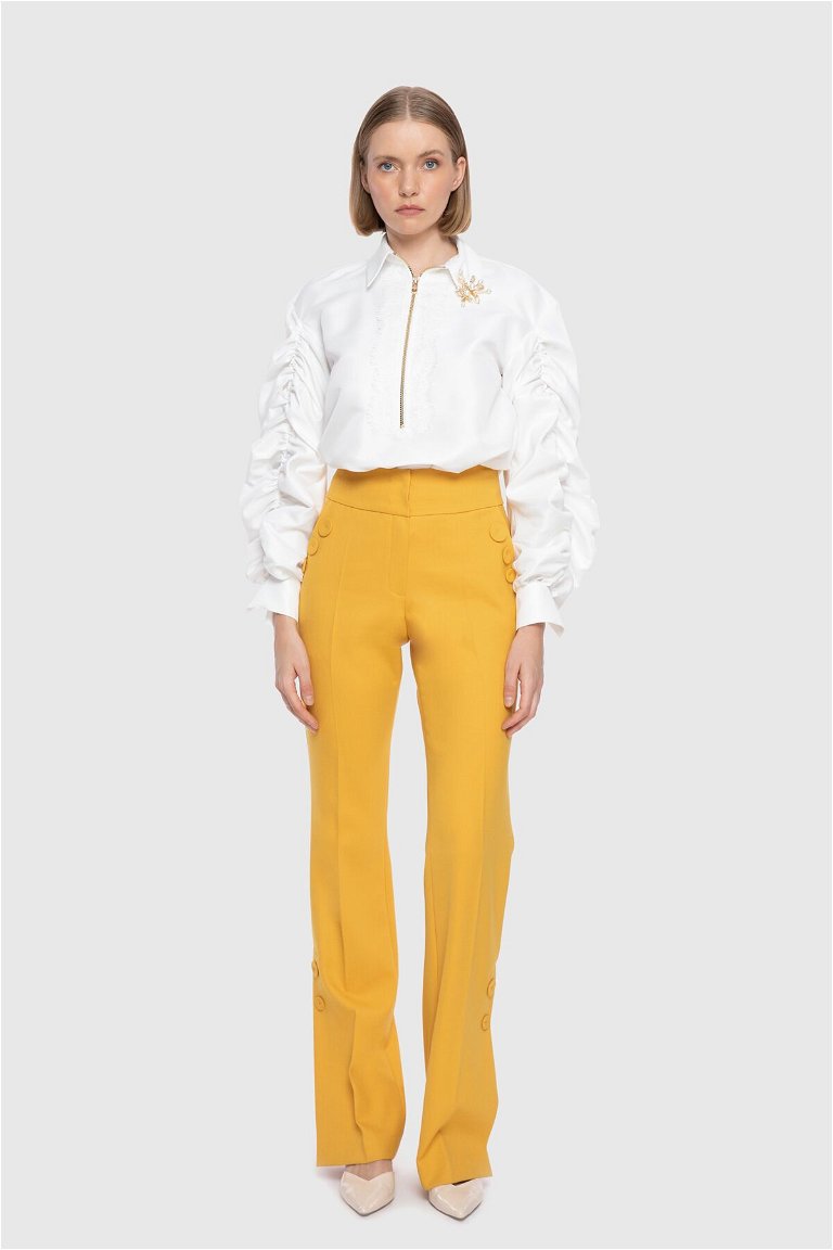 GIZIA - High Waist Side Slit Flare Yellow Trousers 